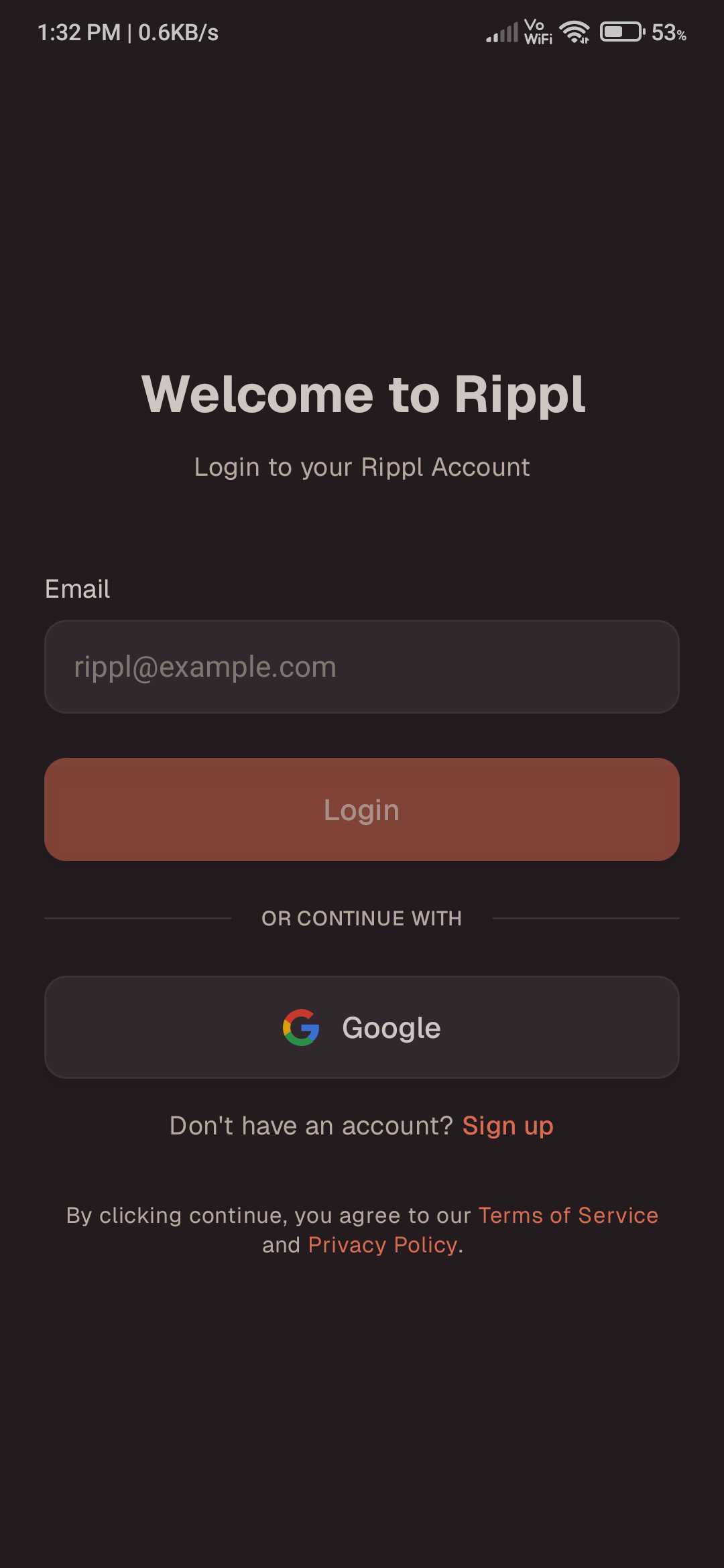 Login Screen showing Email input and Google option - Mobile View